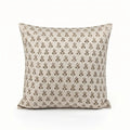 Hand block printed linen pillow cover in natural with blush pink and olive green ditsy floral buti motifs.