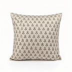 Hand block printed linen pillow cover in natural with blush pink and olive green ditsy floral buti motifs.