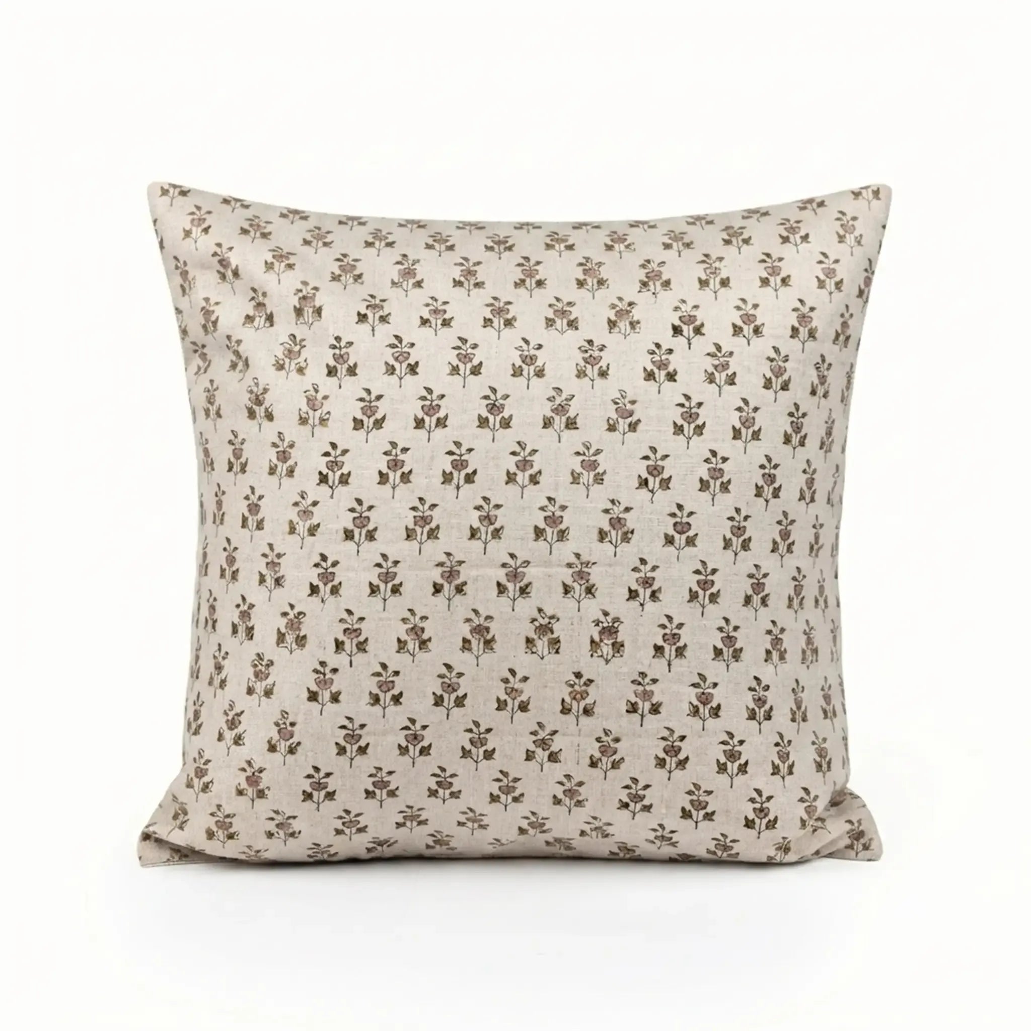 Hand block printed linen pillow cover in natural with blush pink and olive green ditsy floral buti motifs.