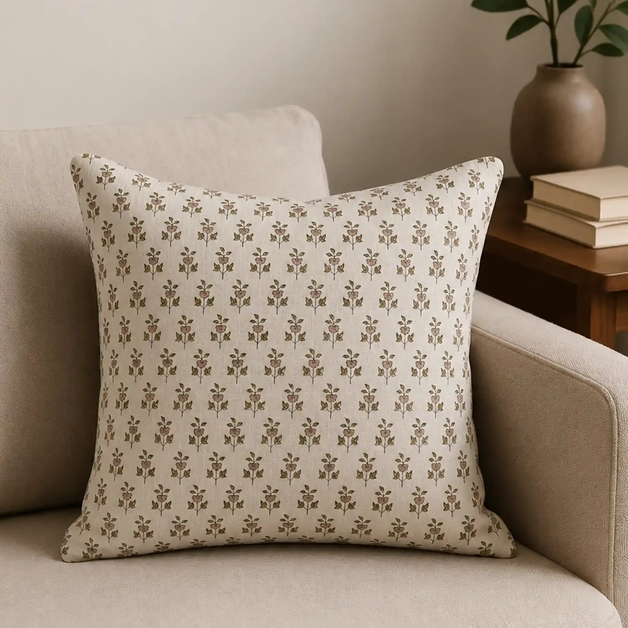 Natural linen pillow cover featuring a hand-blocked blush pink and olive green ditsy floral buti print on a sofa.