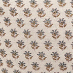 Hand block printed linen pillow cover featuring a sage green and blue floral buti pattern on a natural ground.