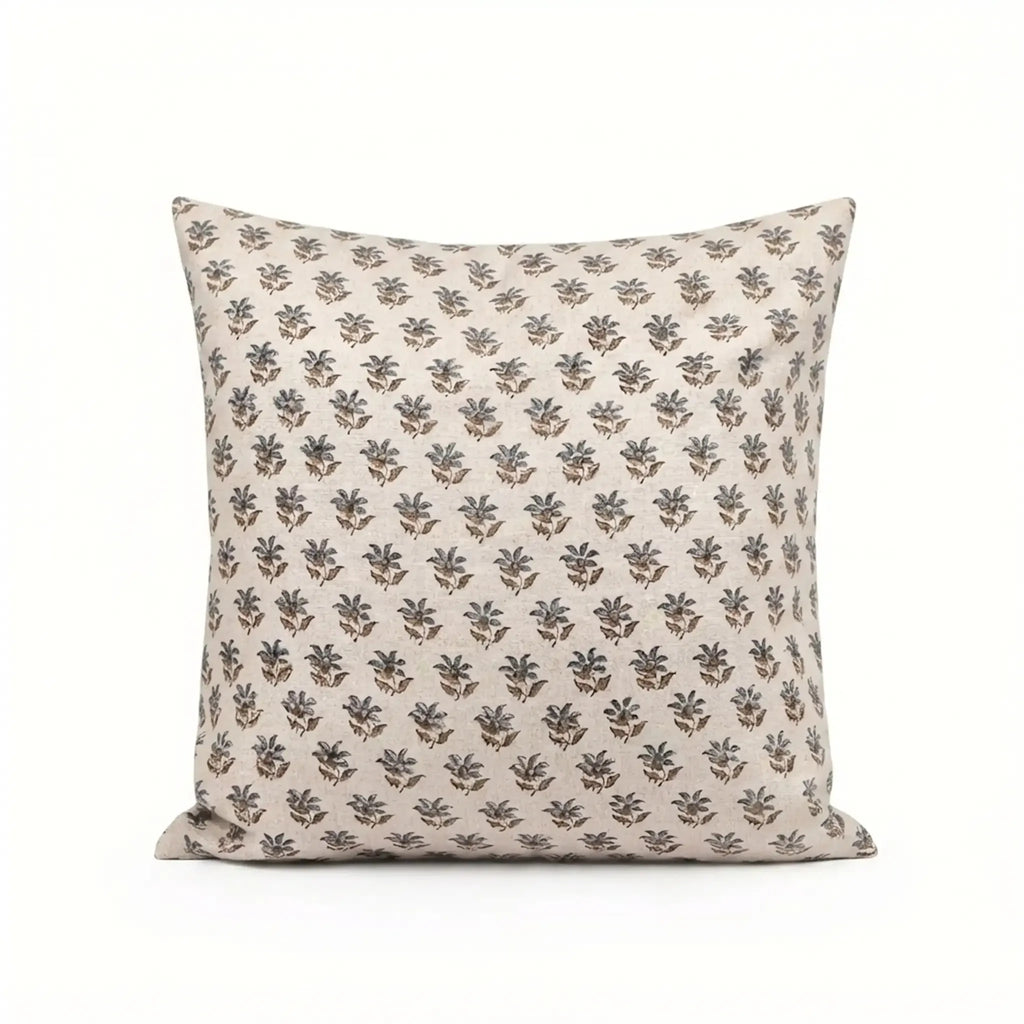 Hand block printed natural linen pillow cover featuring a sage green and blue floral buti pattern.