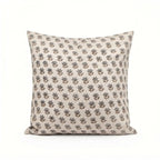 Hand block printed natural linen pillow cover featuring a sage green and blue floral buti pattern.