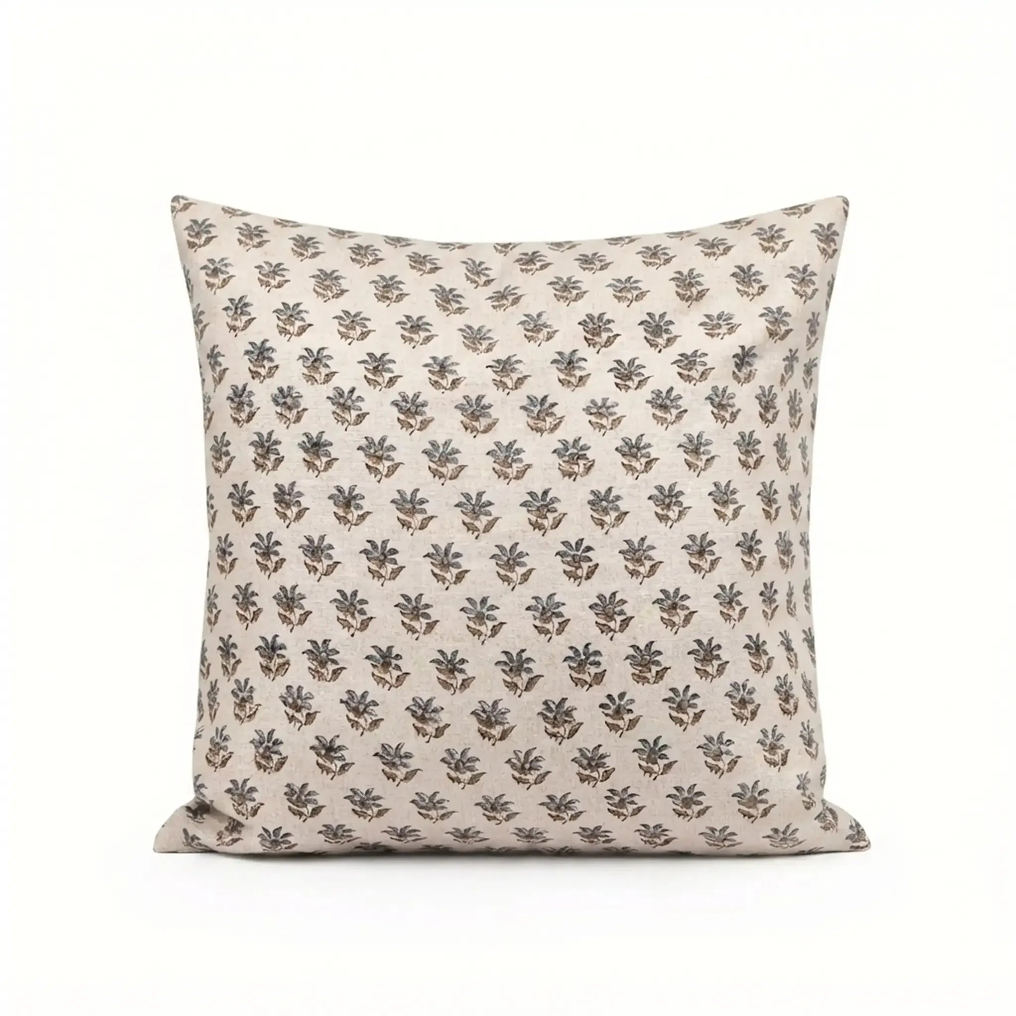 Hand block printed natural linen pillow cover featuring a sage green and blue floral buti pattern.