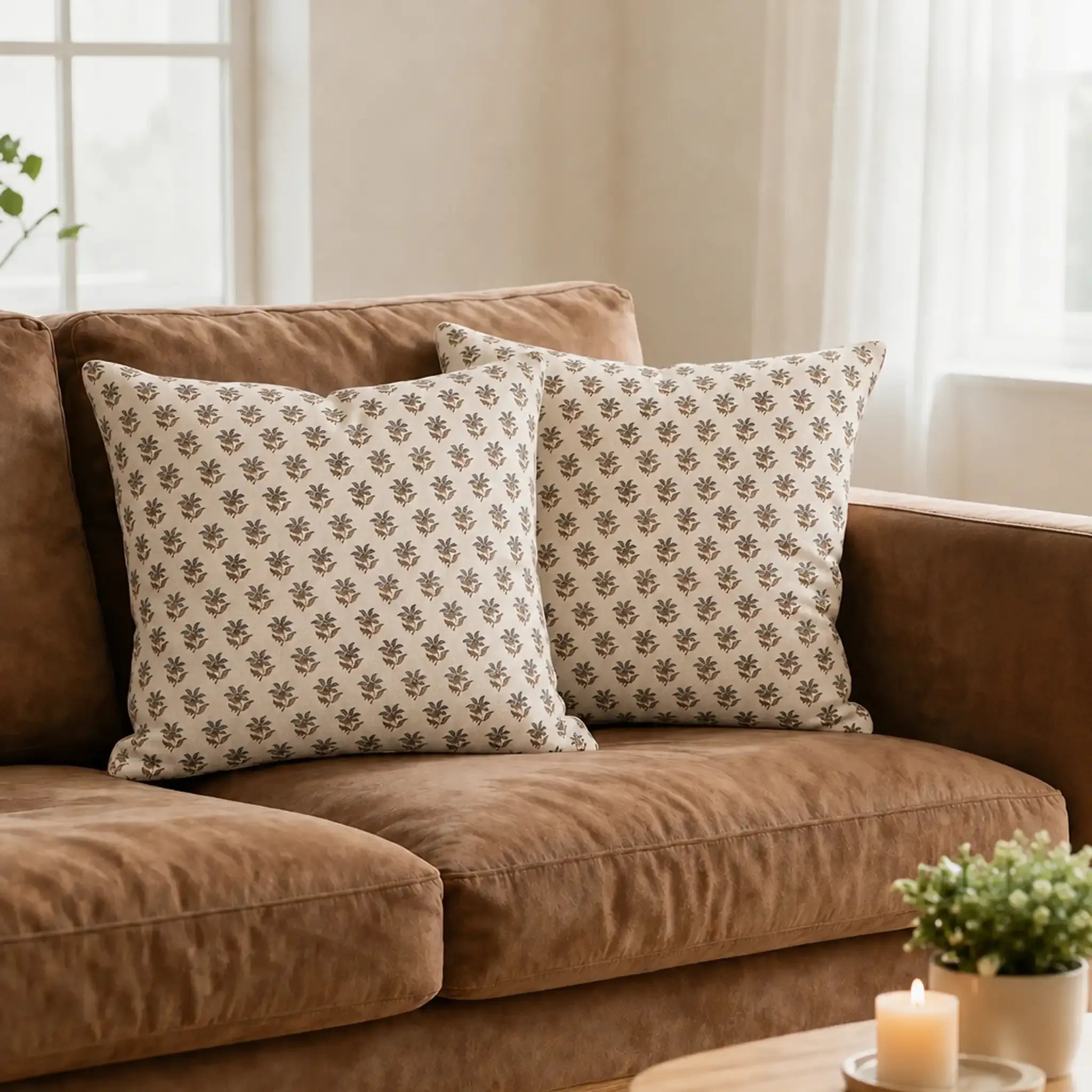 Natural linen pillow covers featuring a sage green and blue floral buti block print on a brown leather sofa.