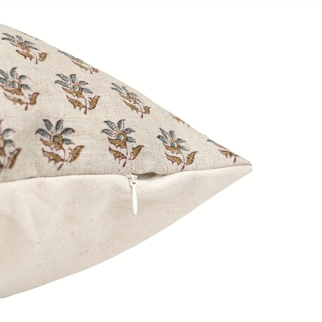 Natural linen pillow cover with sage green and blue hand-block printed floral buti pattern and hidden zipper.