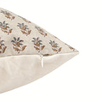 Natural linen pillow cover with sage green and blue hand-block printed floral buti pattern and hidden zipper.