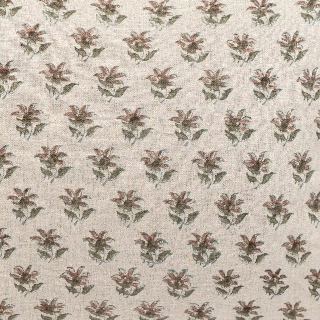 Hand block-printed natural linen pillow cover featuring an ice blue and plum wine ditsy floral buti pattern.