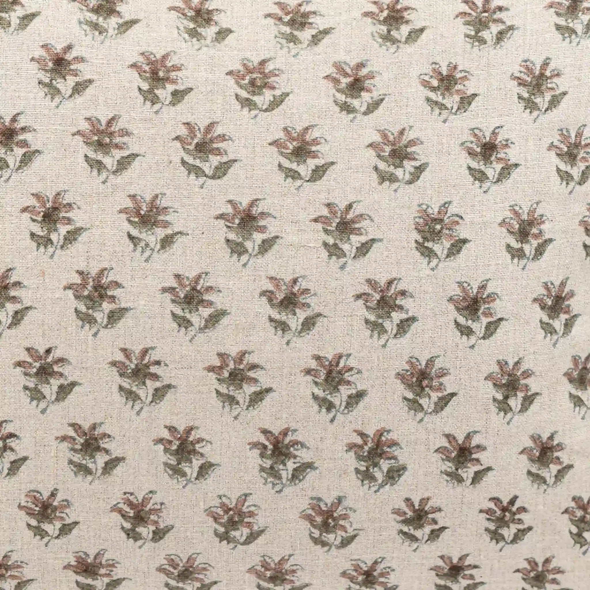 Hand block-printed natural linen pillow cover featuring an ice blue and plum wine ditsy floral buti pattern.