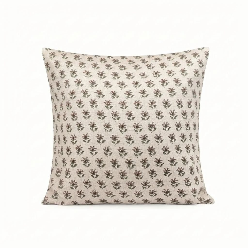 Hand block-printed natural linen pillow cover featuring a ditsy floral buti pattern in ice blue and plum wine.