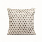 Hand block-printed natural linen pillow cover featuring a ditsy floral buti pattern in ice blue and plum wine.