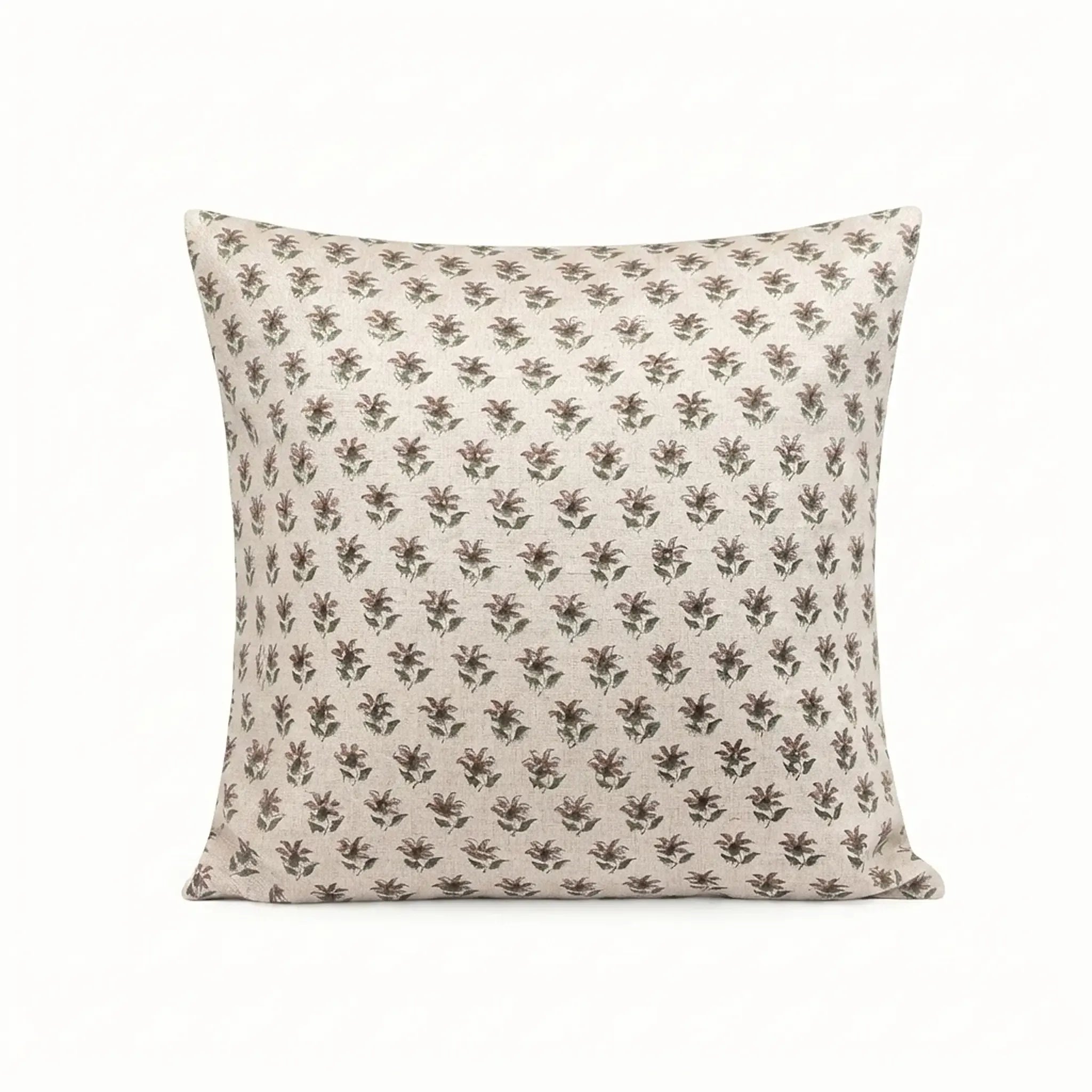 Hand block-printed natural linen pillow cover featuring a ditsy floral buti pattern in ice blue and plum wine.