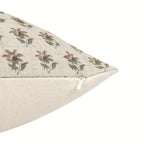Hand block printed natural linen pillow cover with an ice blue and plum wine floral buti pattern and hidden zipper.