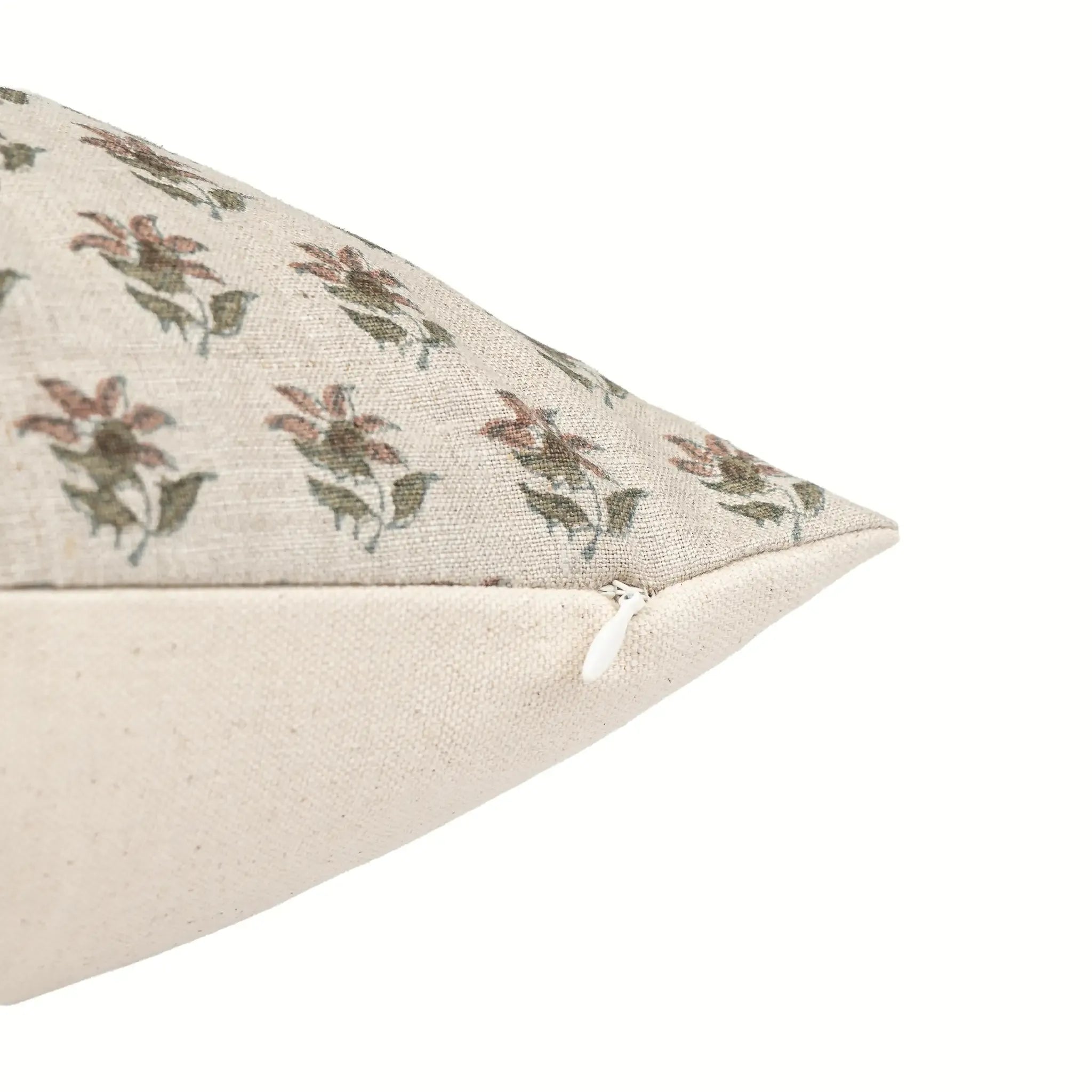 Hand block printed natural linen pillow cover with an ice blue and plum wine floral buti pattern and hidden zipper.