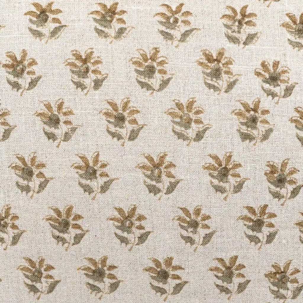 Hand block printed natural linen pillow cover featuring a sage green and beige ditsy floral buti pattern.