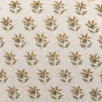 Hand block printed natural linen pillow cover featuring a sage green and beige ditsy floral buti pattern.
