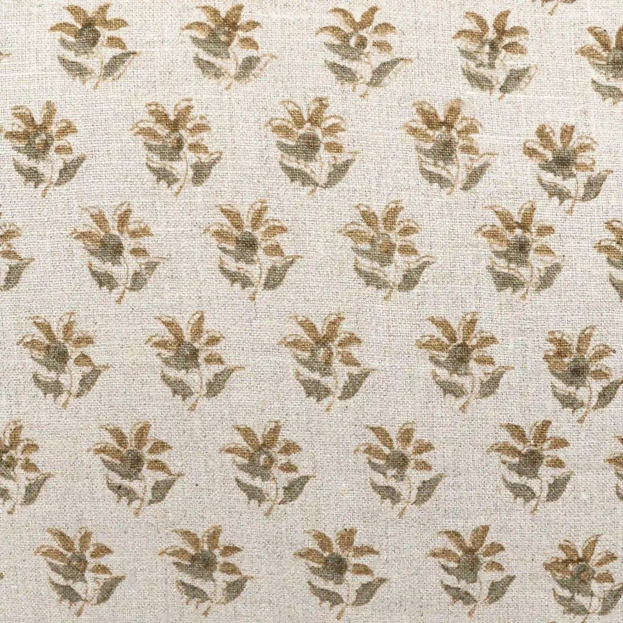 Hand block printed natural linen pillow cover featuring a sage green and beige ditsy floral buti pattern.