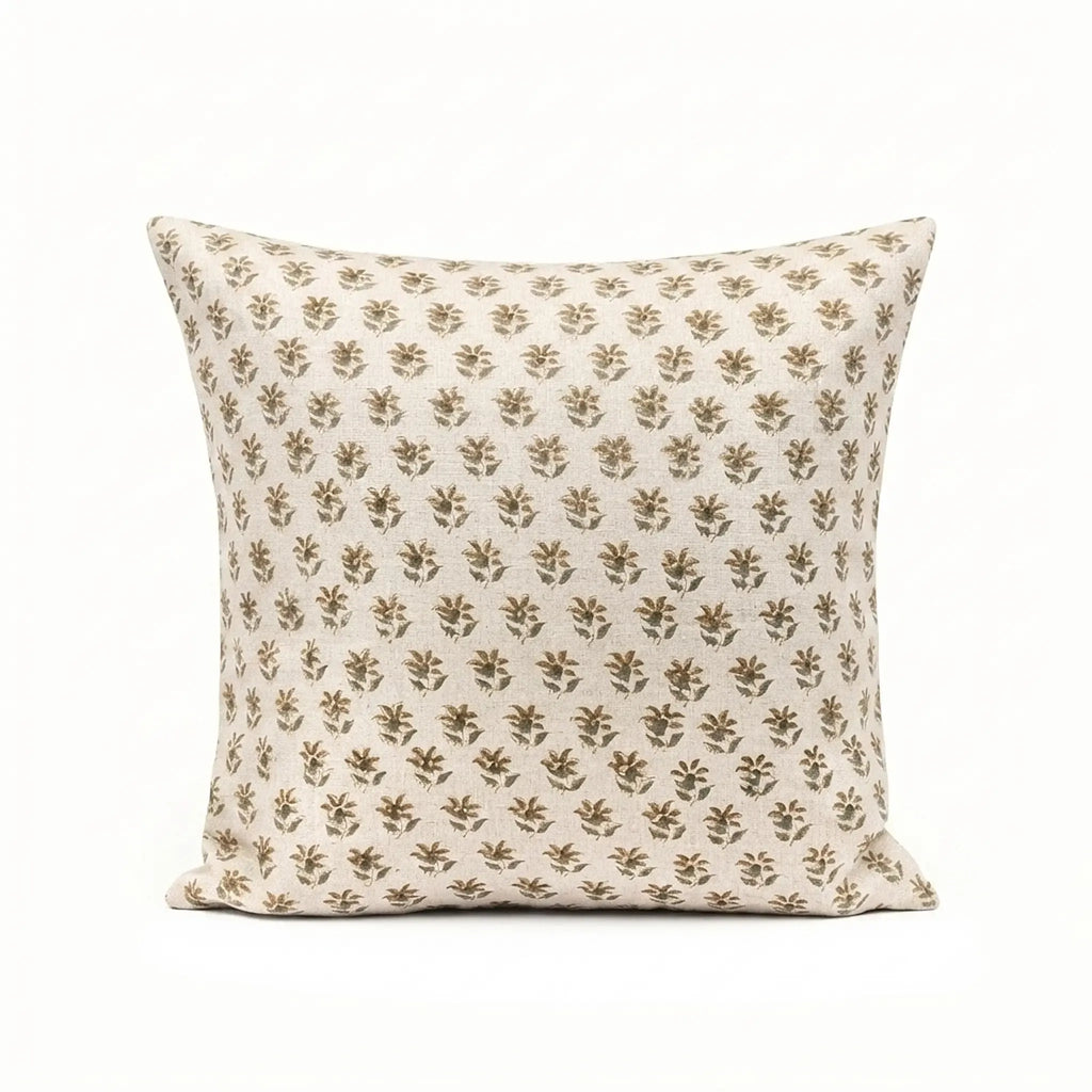 Hand block-printed natural linen pillow cover featuring a sage green and beige floral buti pattern.