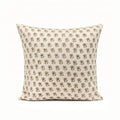 Hand block-printed natural linen pillow cover featuring a sage green and beige floral buti pattern.