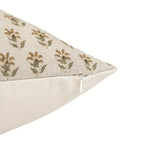 Natural linen pillow cover with sage green and beige hand block printed floral buti pattern and hidden zipper.
