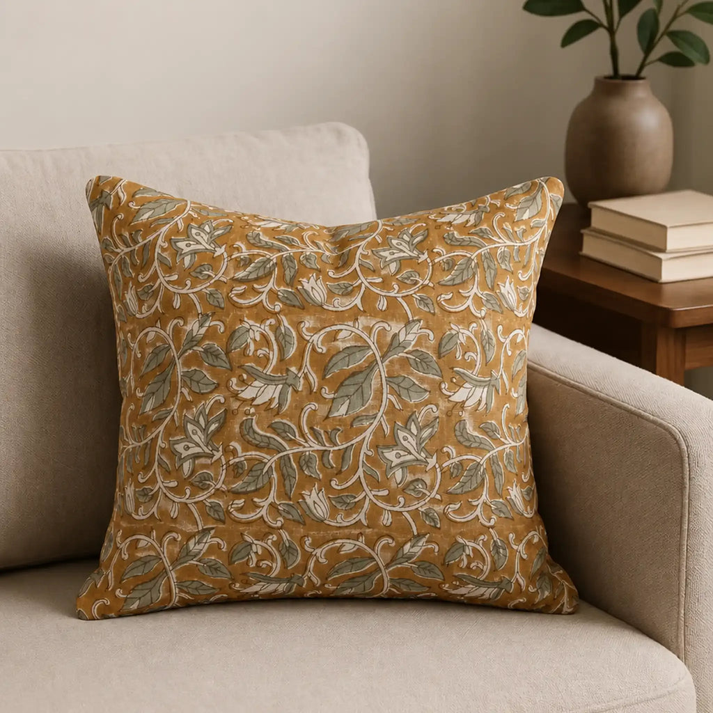 Mustard linen pillow cover with hand-blocked pale green floral vine pattern and brown outlines on a neutral sofa.