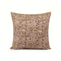 Hand block printed linen pillow cover in dawn pink with beige and plum wine floral vine motifs.