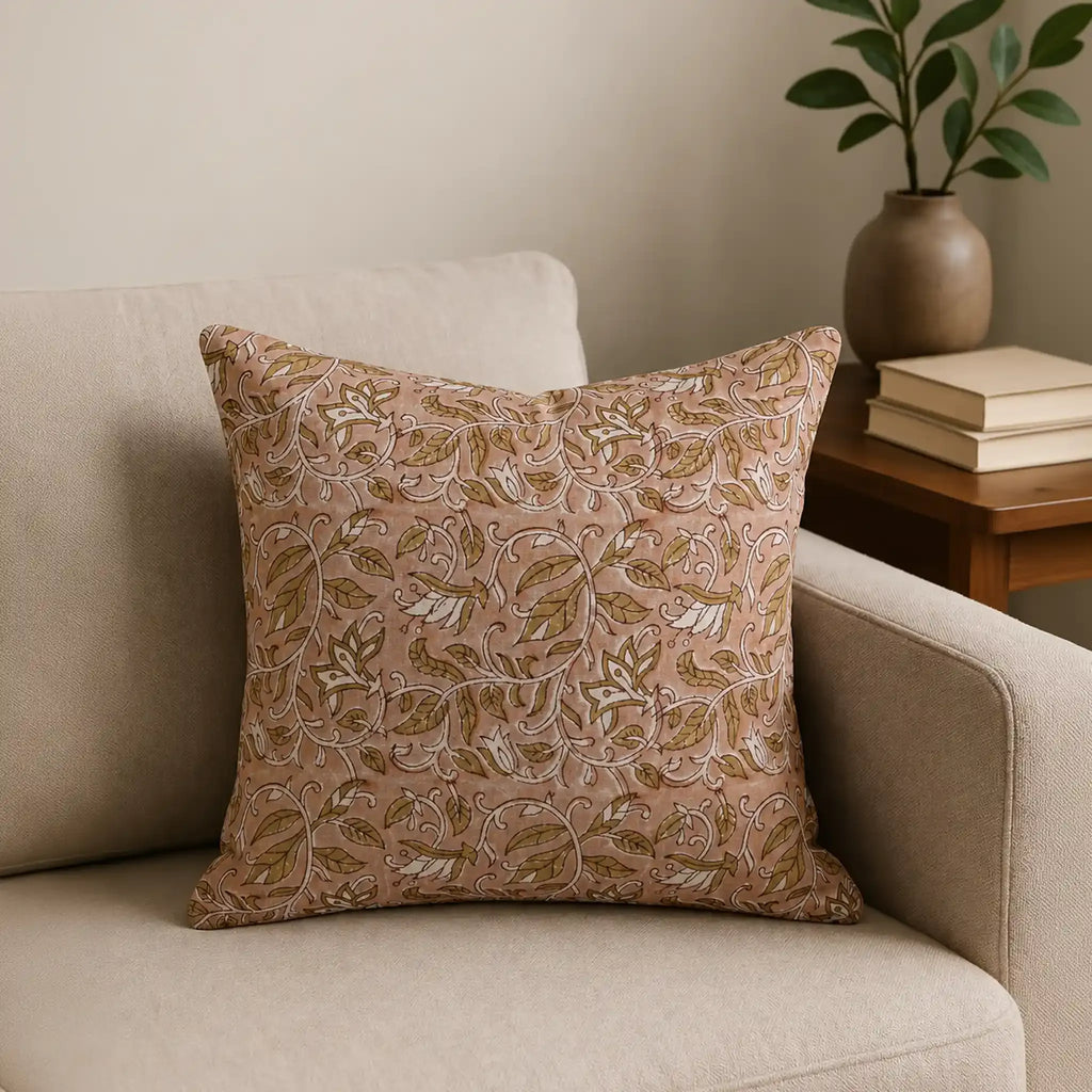 Hand block printed linen pillow cover in dawn pink with beige and plum wine floral vine patterns on a neutral sofa.