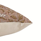 Hand block printed linen pillow cover in dawn pink, beige, and plum wine with a floral vine pattern and hidden zipper.