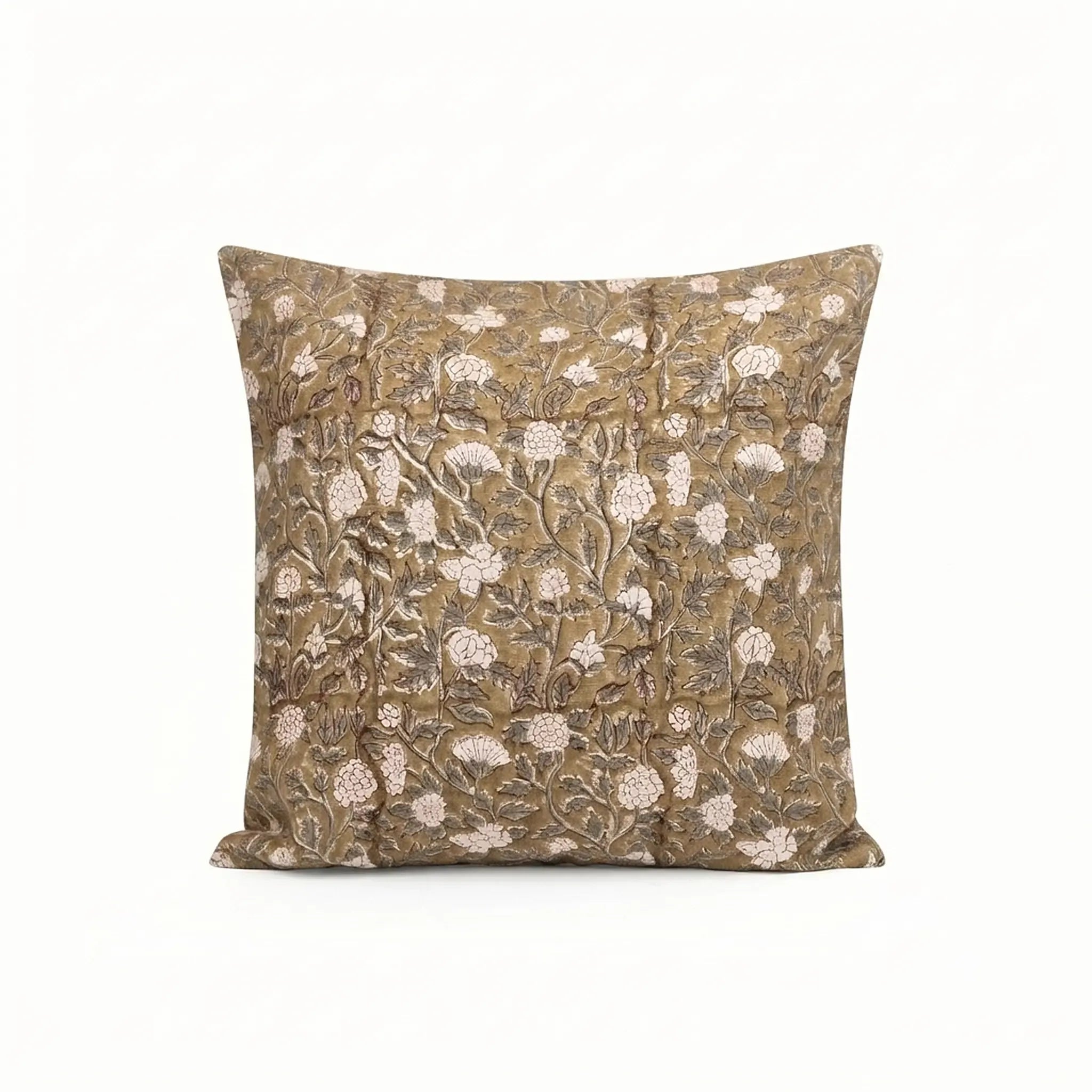 Hand block printed beige linen pillow cover featuring a pale green and red floral vine motif on a textured fabric.