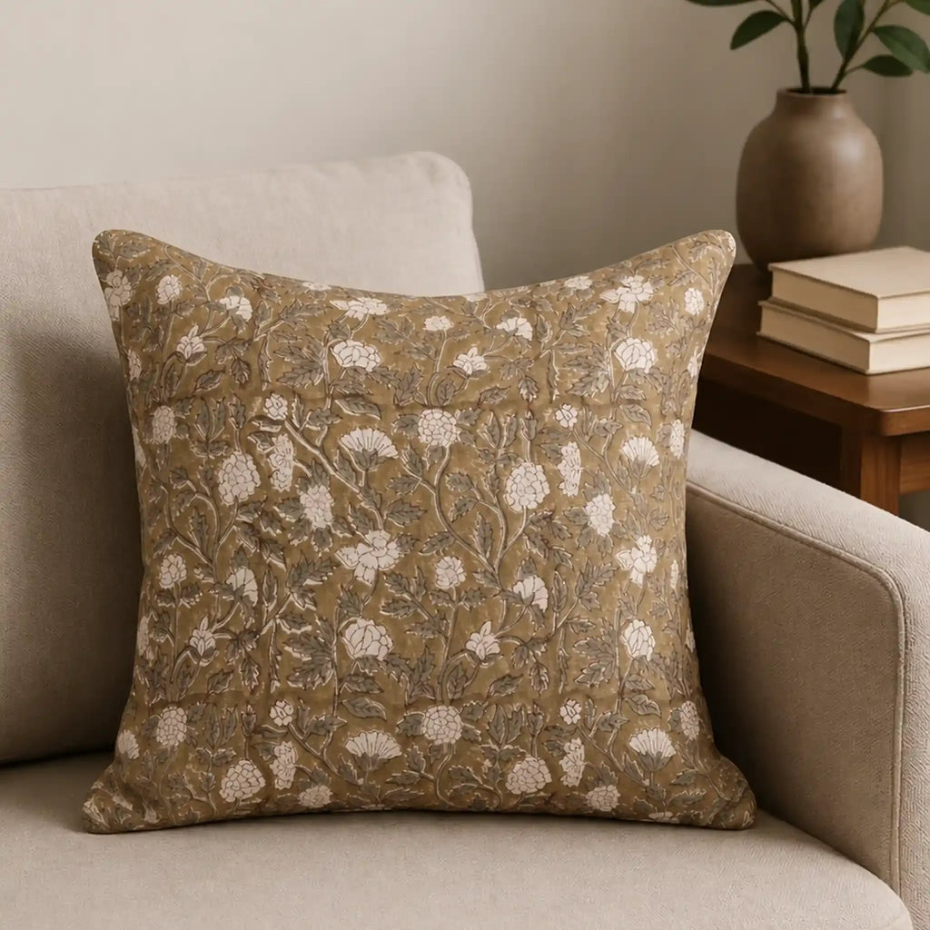 Hand block printed linen pillow cover in beige with pale green floral vines and red outlines on a neutral sofa.