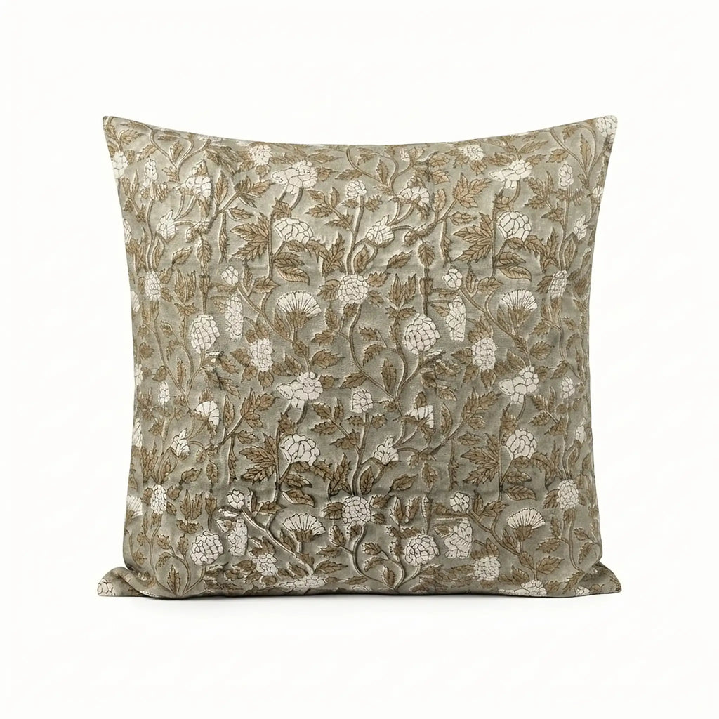 Pale green linen pillow cover featuring a hand-block printed beige and olive floral vine pattern.