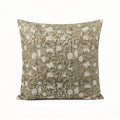 Pale green linen pillow cover featuring a hand-block printed beige and olive floral vine pattern.