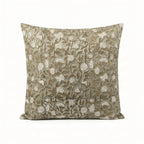 Pale green linen pillow cover featuring a hand-block printed beige and olive floral vine pattern.