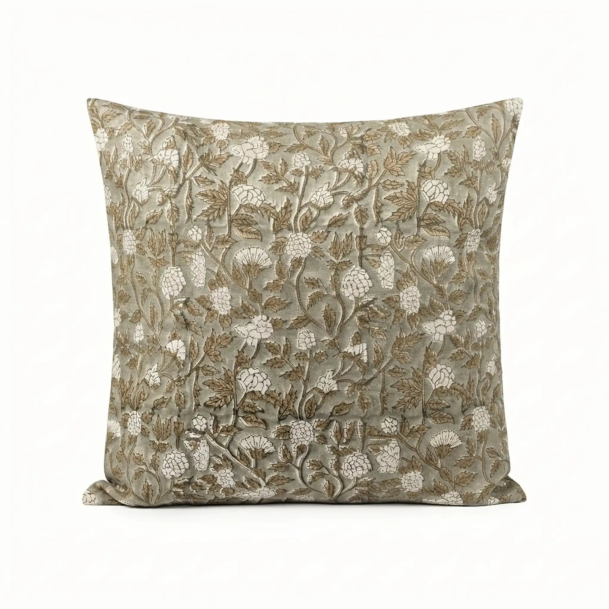 Pale green linen pillow cover featuring a hand-block printed beige and olive floral vine pattern.