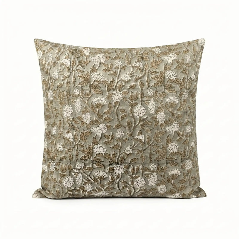 Pale green linen pillow cover featuring a hand-block printed beige and olive floral vine pattern.