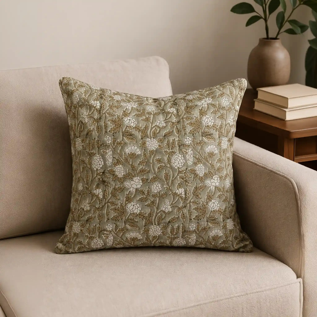 Hand block printed linen pillow cover in pale green with beige floral vines and olive green outlines on a sofa.