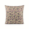 Hand block printed sage green linen pillow cover with purple and olive floral vine motifs.