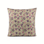 Hand block printed sage green linen pillow cover with purple and olive floral vine motifs.