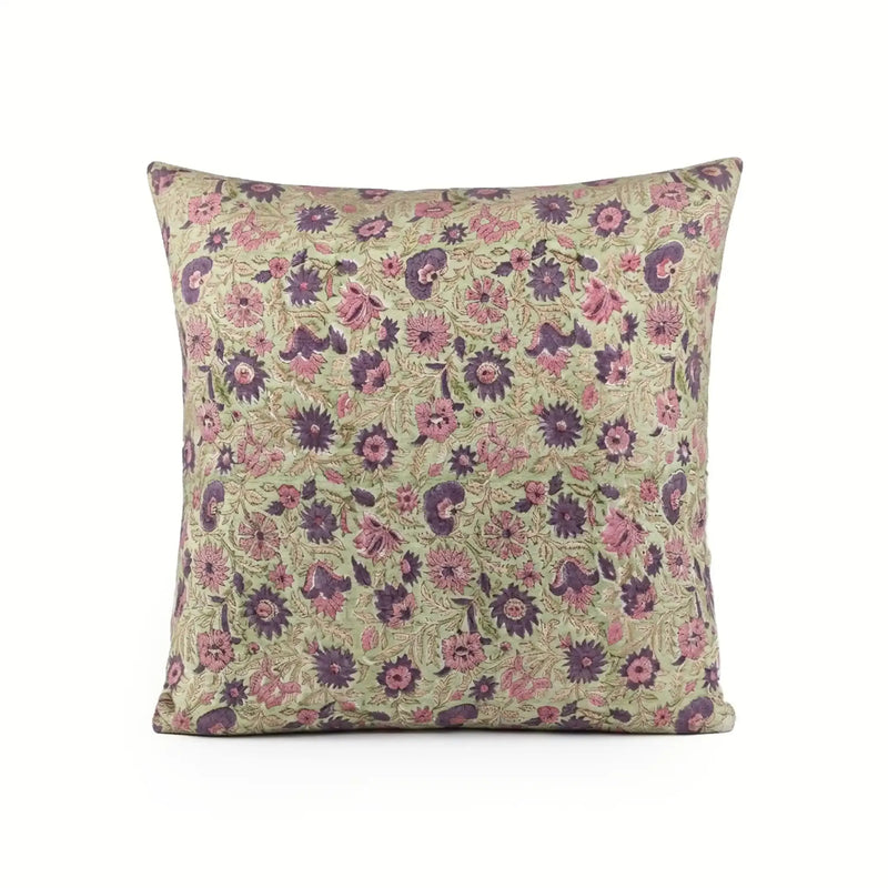 Hand block printed sage green linen pillow cover with purple and olive floral vine motifs.