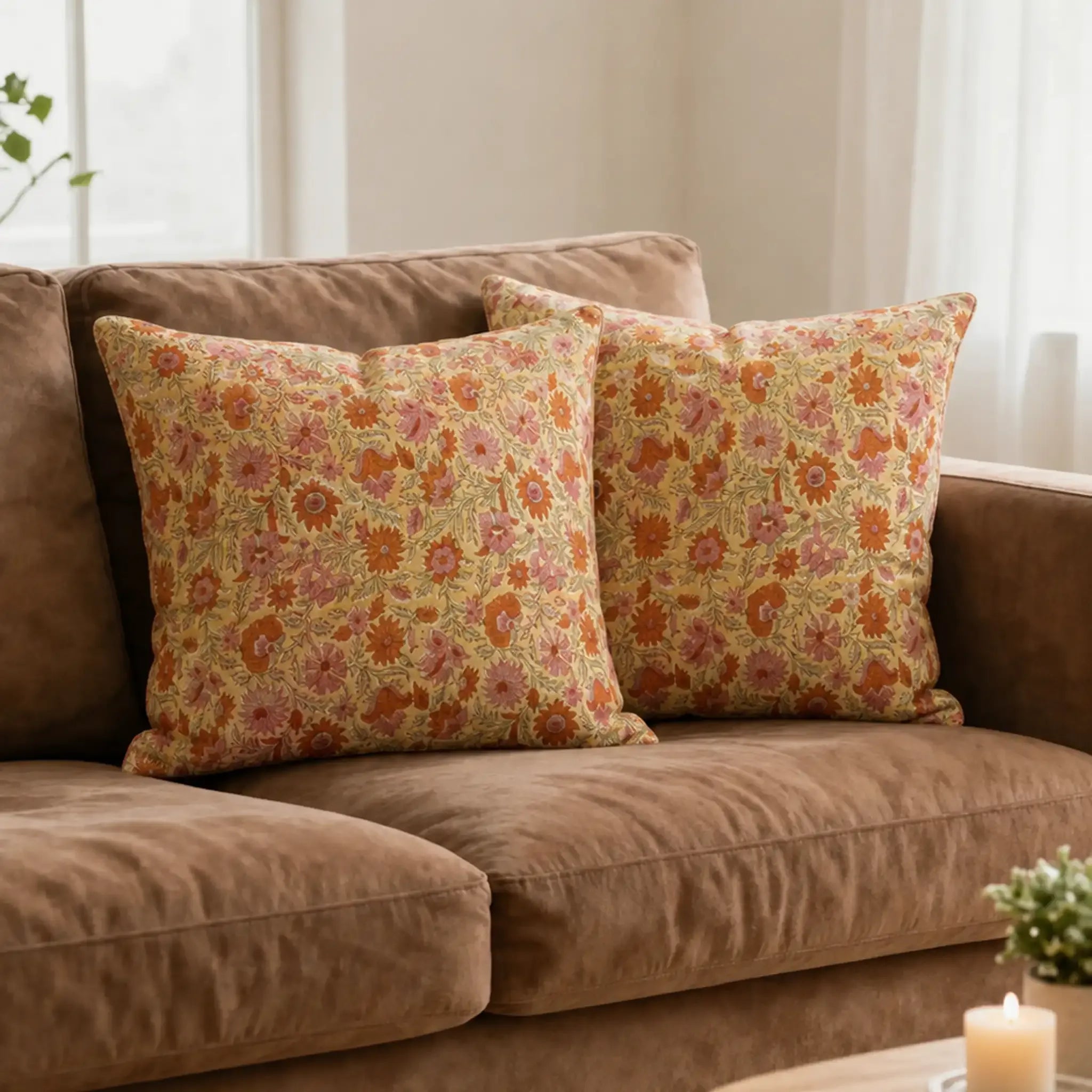 Hand block printed lemon yellow linen pillow covers featuring orange and dusk orange floral vine patterns on a sofa.