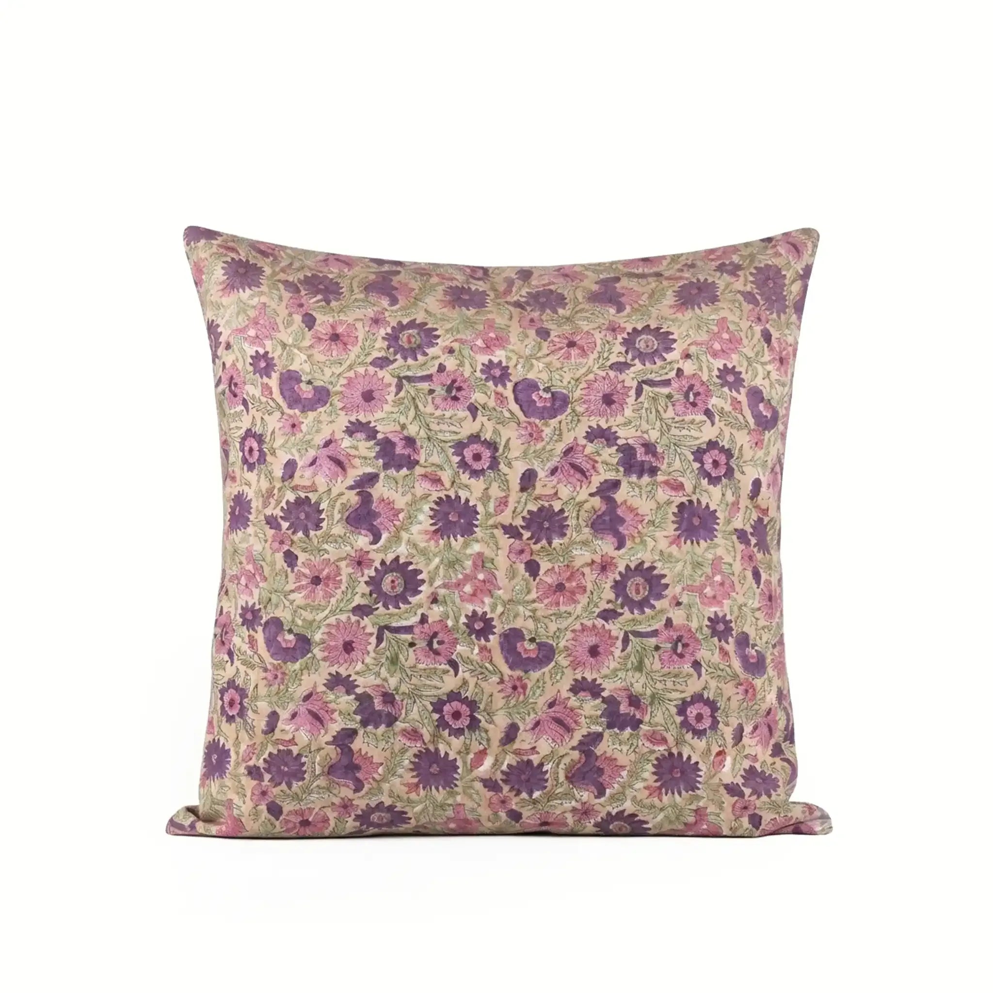 Hand block printed linen pillow cover in light beige with blush pink and olive green floral vine motifs.