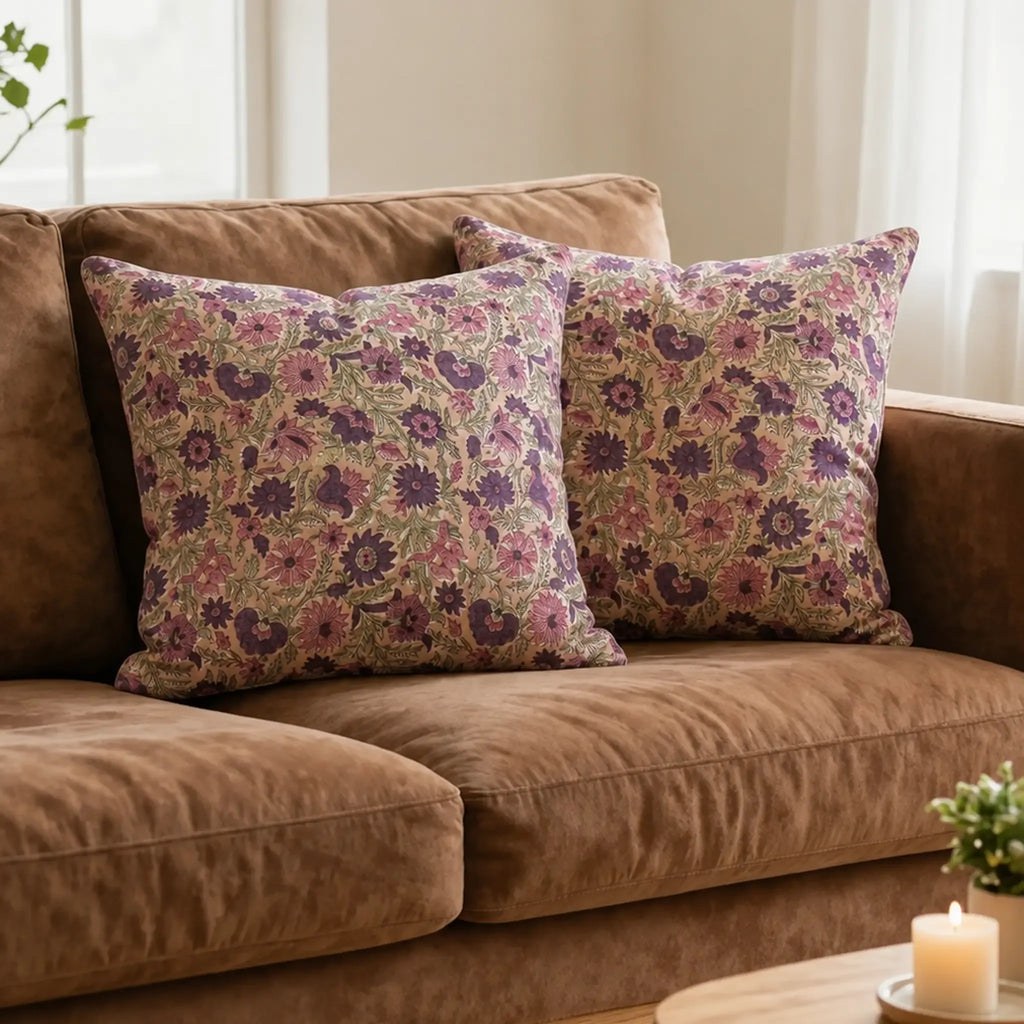 Hand block printed linen pillow covers featuring blush pink and olive green floral vines on a light beige ground.