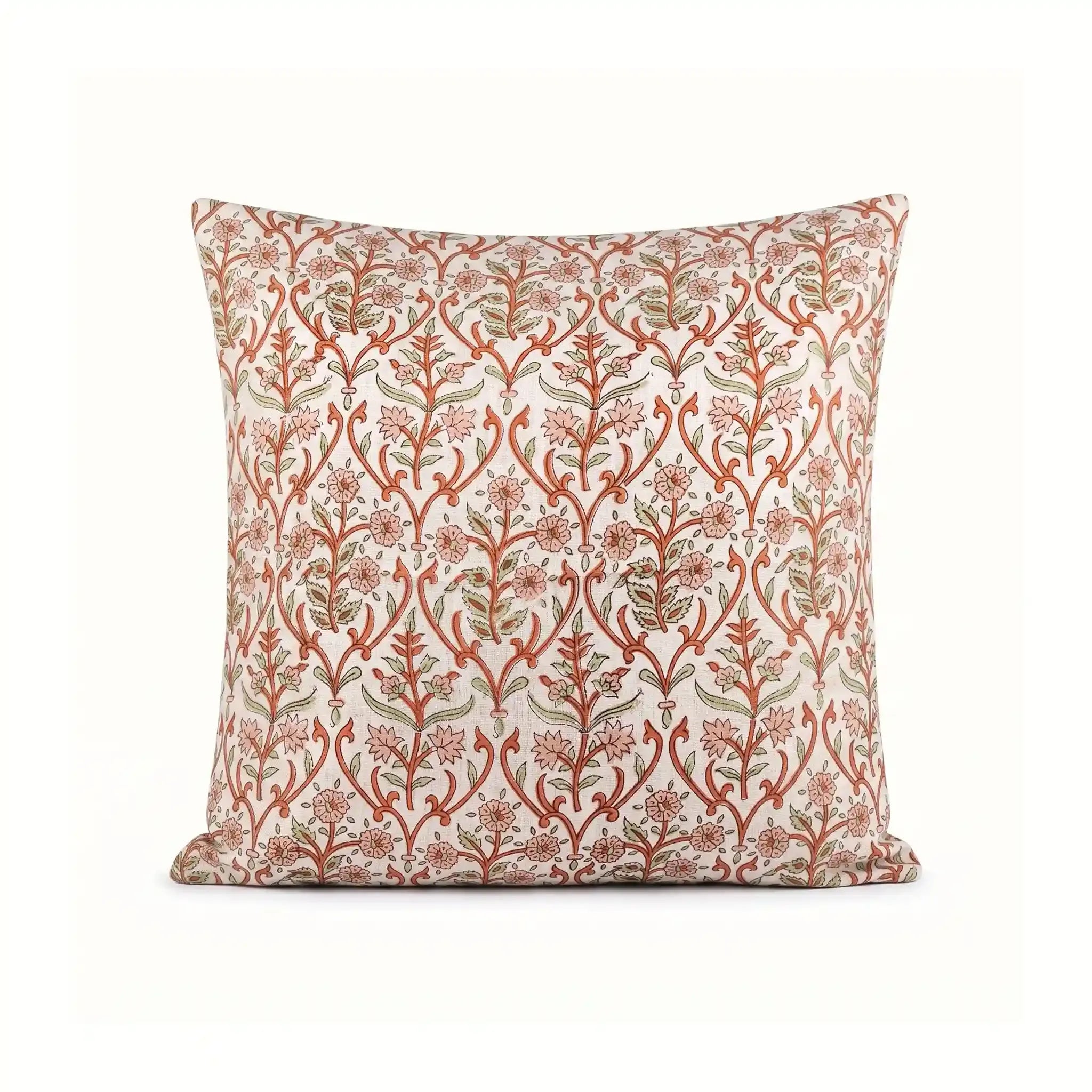 Hand block printed linen pillow cover in natural with dusk orange and brown botanical floral vine motifs.