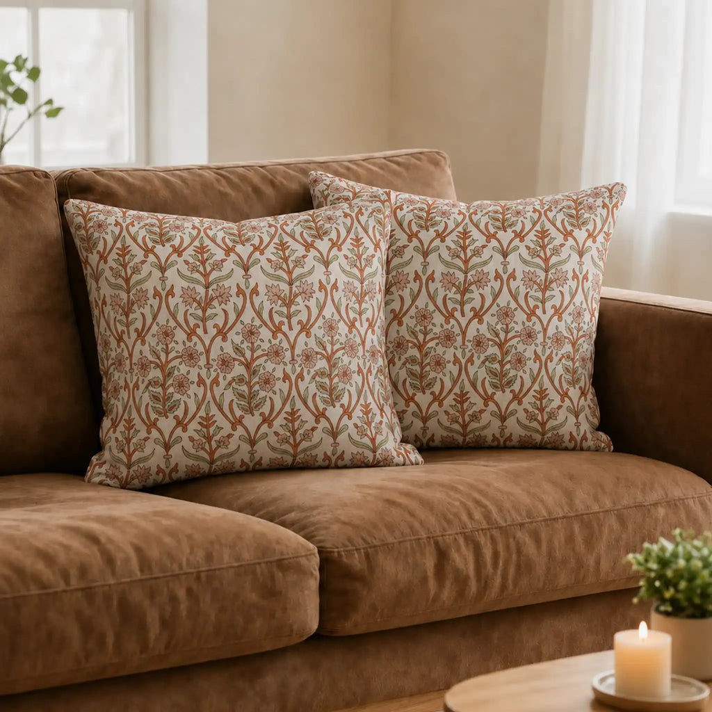 Hand block printed linen pillow covers featuring a botanical vine motif in dusk orange and brown on a natural ground.
