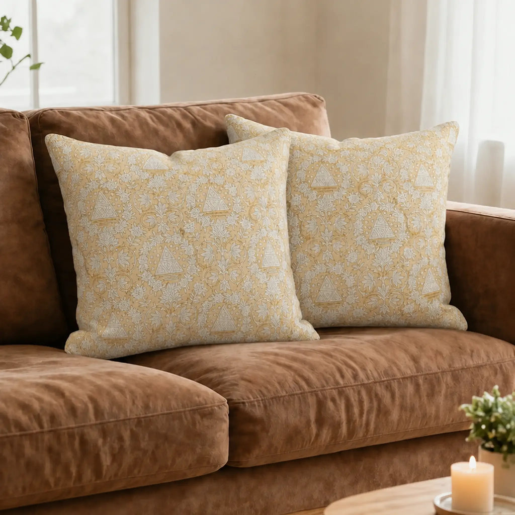 Amber Botanica Botanical Floral Vines Lemon Yellow Linen Pillow Cover