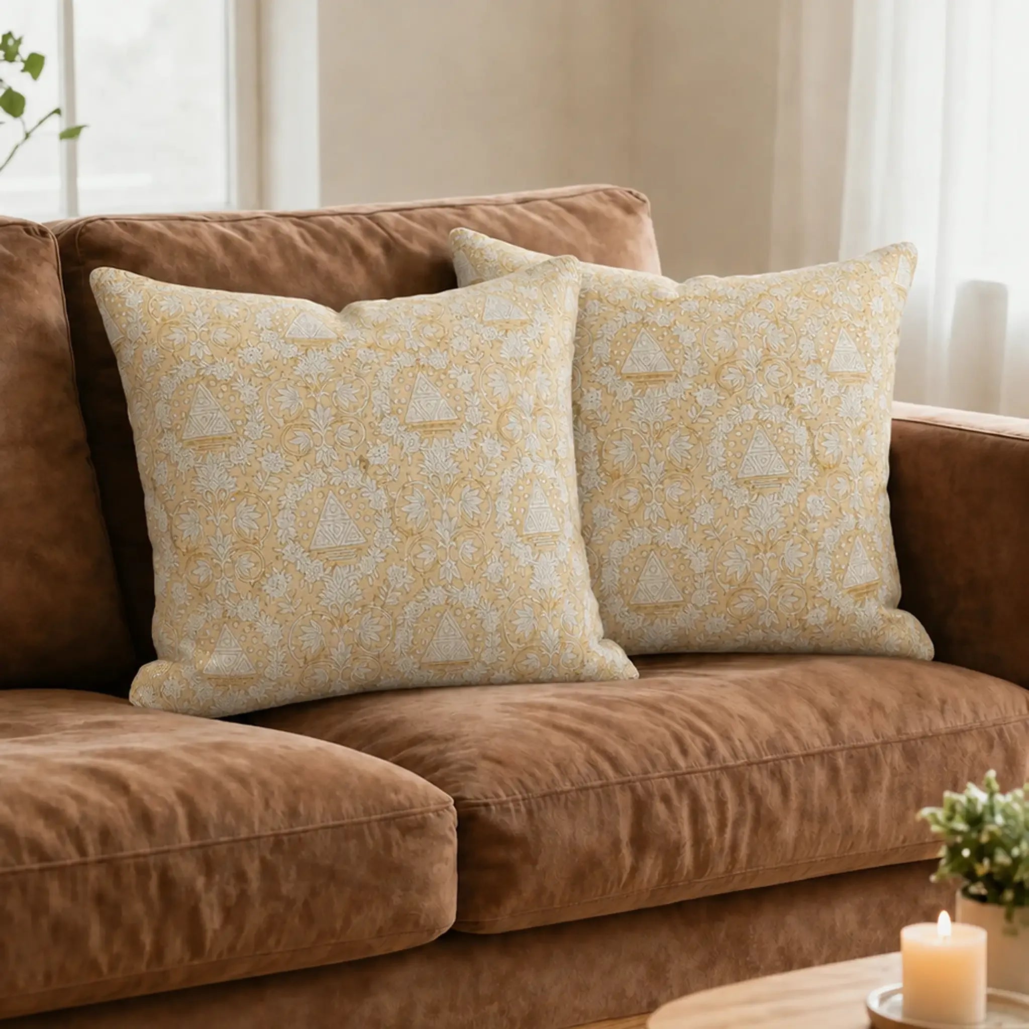 Amber Botanica Botanical Floral Vines Lemon Yellow Linen Pillow Cover
