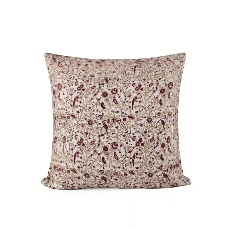 Hand block printed linen pillow cover in natural with wine red and plum floral vine motifs.