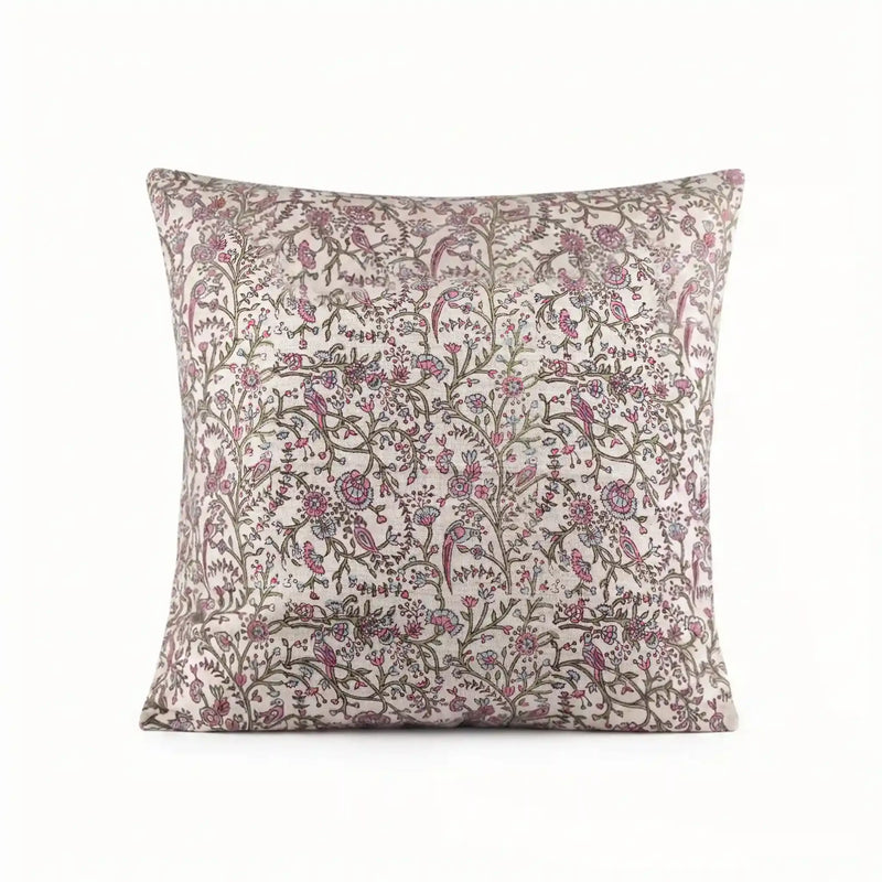 Hand block printed linen pillow cover featuring an intricate ice blue and plum wine floral vine pattern on natural linen.