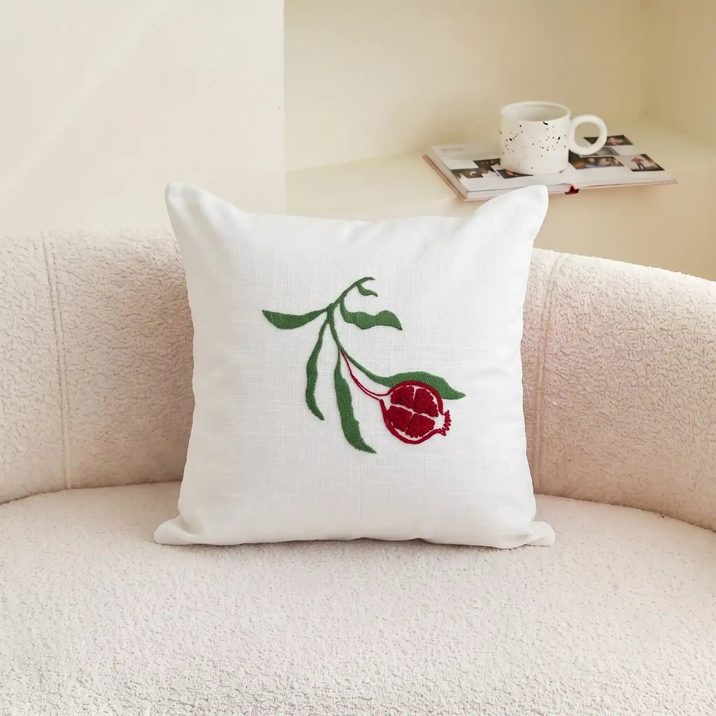 Pomegranate Trail Embroidered Botanical Cotton Cushion Cover