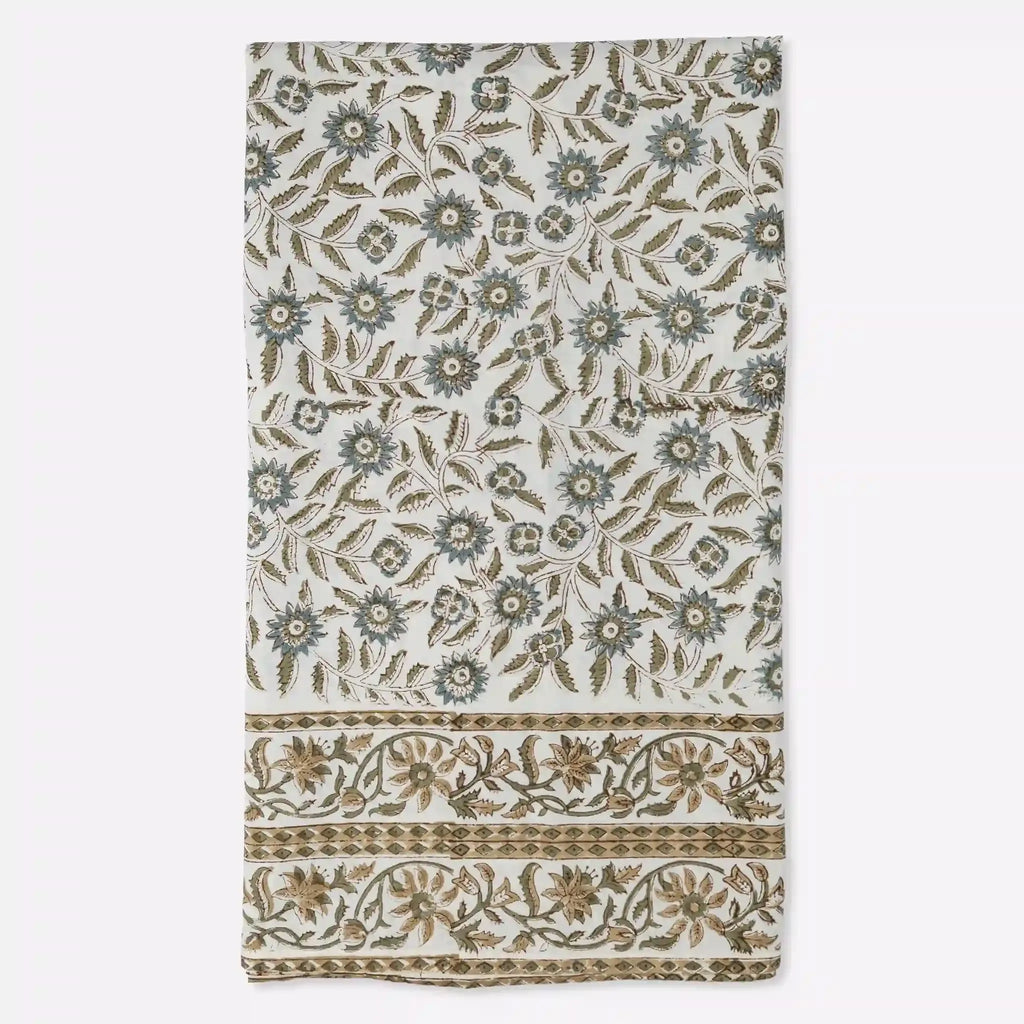Willowmere Ice Blue & Brown Hand Block Printed Cotton Tablecloth